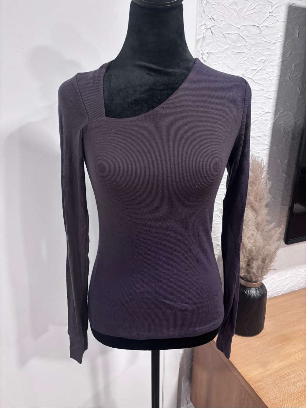 LAmade Ribbed Long Sleeve Asymmetric Neck Top - deep purple color